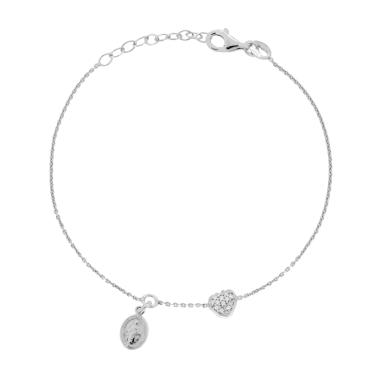 Bracciale Catena Forzatina Diamantata con Madonna Miracolosa e Cuore Cubic Zirconia Bianchi in ARGENTO 925 Galvanica Rodio