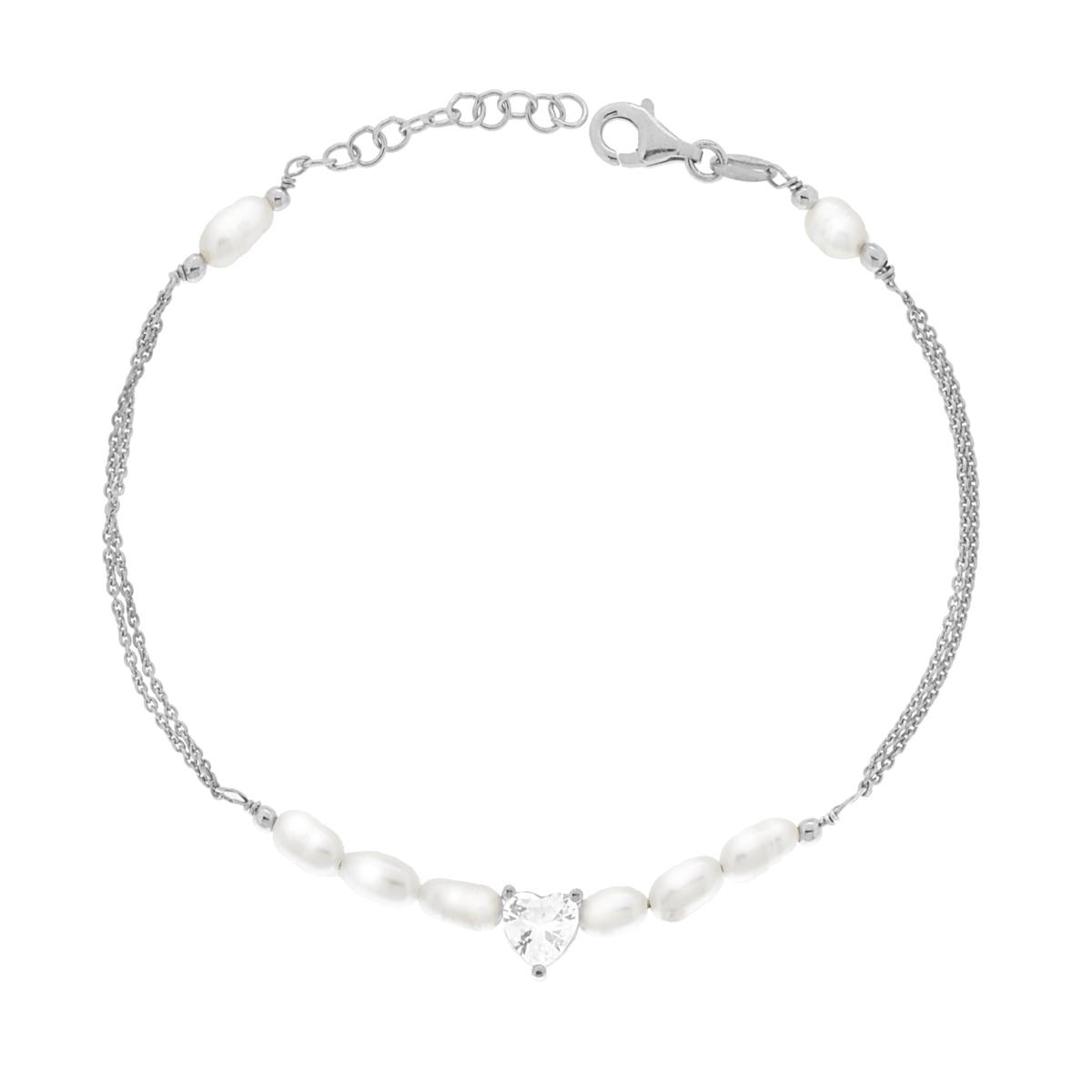 Bracciale due fili catena Forzatina Diamantata con Perle e Cuore Cubic Zirconia Bianco in ARGENTO 925 Galvanica Rodio
