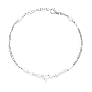 Bracciale due fili catena Forzatina Diamantata con Perle e Cuore Cubic Zirconia Bianco in ARGENTO 925 Galvanica Rodio
