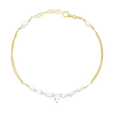 Bracciale due fili catena Forzatina Diamantata con Perle e Cuore Cubic Zirconia Bianco in ARGENTO 925 Galvanica Oro