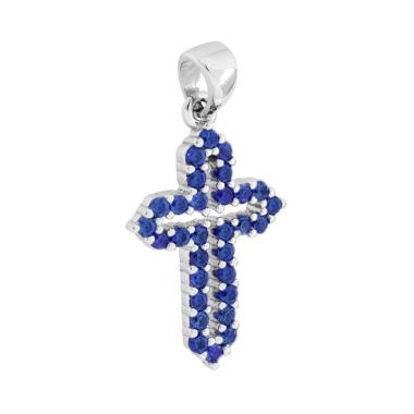 Ciondolo Croce con Cubic Zirconia Blu Zaffiro in ARGENTO 925 Galvanica Rodio