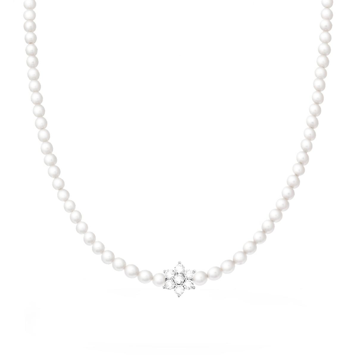 Collana Perla mm 4 in Vetro perlato con Fiore centrale Cubic Zirconia Bianchi con filo e chiusura in ARGENTO 925 Galvanica Rodio