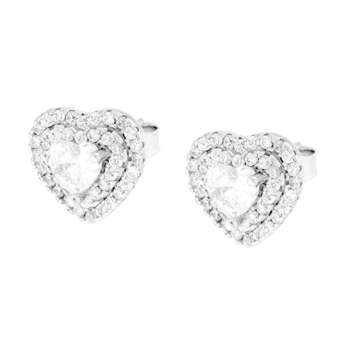 Orecchini Cuore con Zircone Bianco contornato da Zirconi Bianchi in ARGENTO 925 Galvanica Rodio