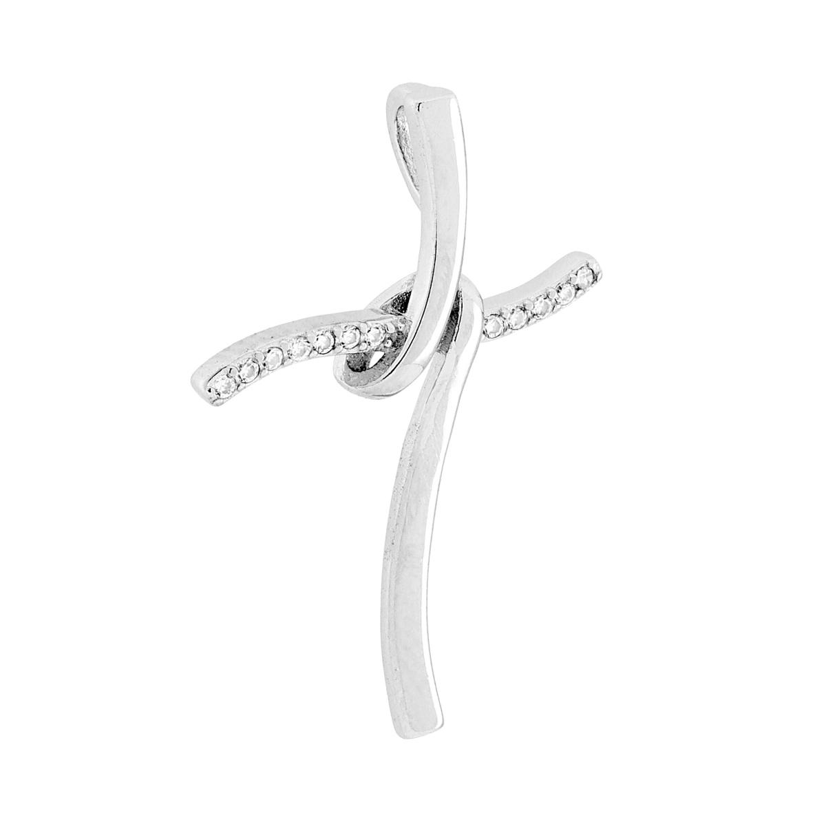 Ciondolo Croce con Nastro e Cubic Zirconia Bianchi in ARGENTO 925 Galvanica Rodio