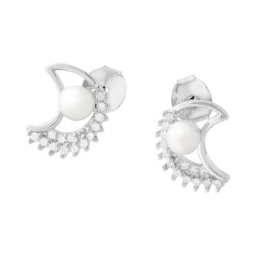 Orecchini Luna con Perla Bianca e Cubic Zirconia Bianchi in ARGENTO 925 Galvanica Rodio