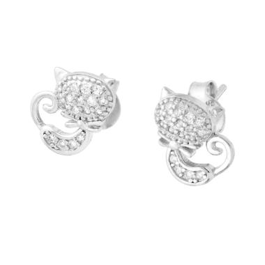 Orecchini Gatto con Cubic Zirconia Bianchi in ARGENTO 925 Galvanica Rodio