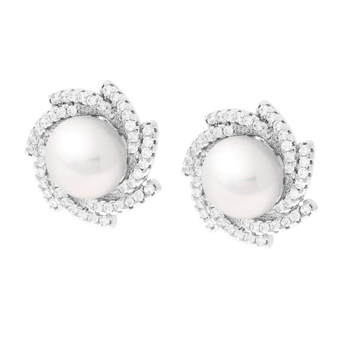 Orecchini Tondi Vortice con Perla di Fiume e Cubic Zirconia Bianchi in ARGENTO 925 Galvanica Rodio