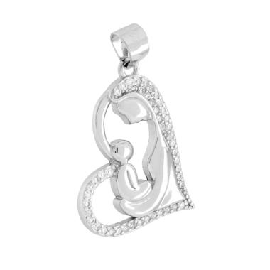 Ciondolo Cuore e Madonna con Bambino e Cubic Zirconia Bianchi in ARGENTO 925 Galvanica Rodio