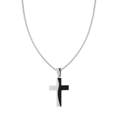 Collana Catena Veneziana tonda con Croce pendente con effetto Fibra di Carbonio in ACCIAIO