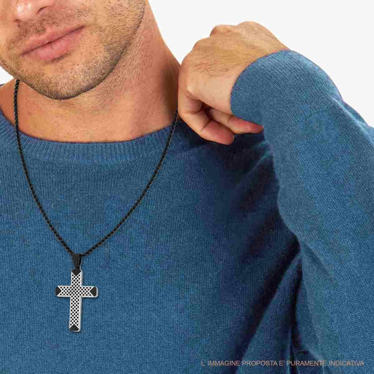 Collana Catena Veneziana tonda con Croce Nera pendente con Lavorazione Geometrica in ACCIAIO colore Nero