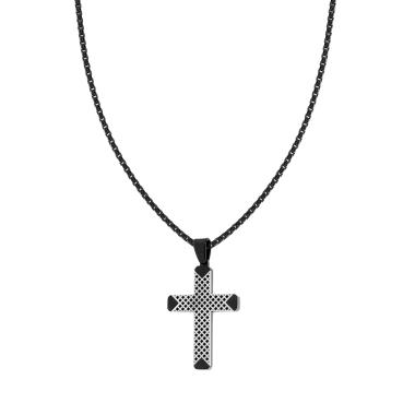 Collana Catena Veneziana tonda con Croce Nera pendente con Lavorazione Geometrica in ACCIAIO colore Nero