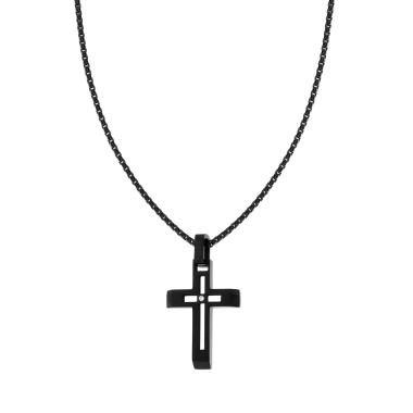 Collana Catena Veneziana tonda con Croce Nera pendente con Cubic Zirconia Bianco in ACCIAIO colore Nero