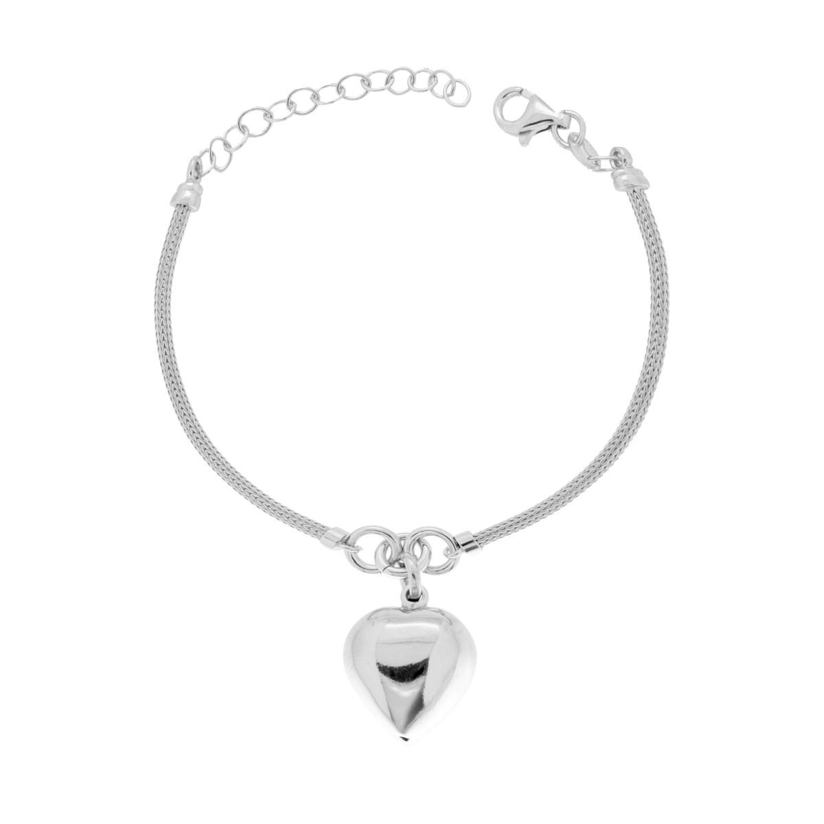 Bracciale Catena Calza con Cuore Bombato pendente in ARGENTO 925 Galvanica Rodio