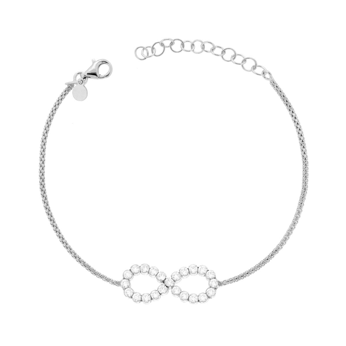 Bracciale Catena Coreana con Infinito e Cubic Zirconia Bianchi in ARGENTO 925 Galvanica Rodio