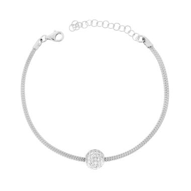 Bracciale Catena Calza con Sfera e Cubic Zirconia Bianchi in ARGENTO 925 Galvanica Rodio