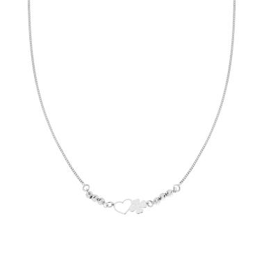 Collana Catena Grumetta e Palline Diamantate con Cuore e Quadrifoglio in ARGENTO 925 Galvanica Rodio