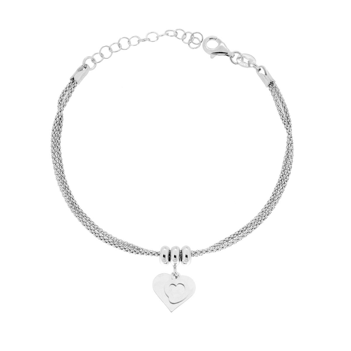 Bracciale due fili Catena Coreana con Cuori pendenti in ARGENTO 925 Galvanica Rodio
