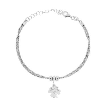 Bracciale due fili Catena Coreana con Quadrifogli pendenti in ARGENTO 925 Galvanica Rodio