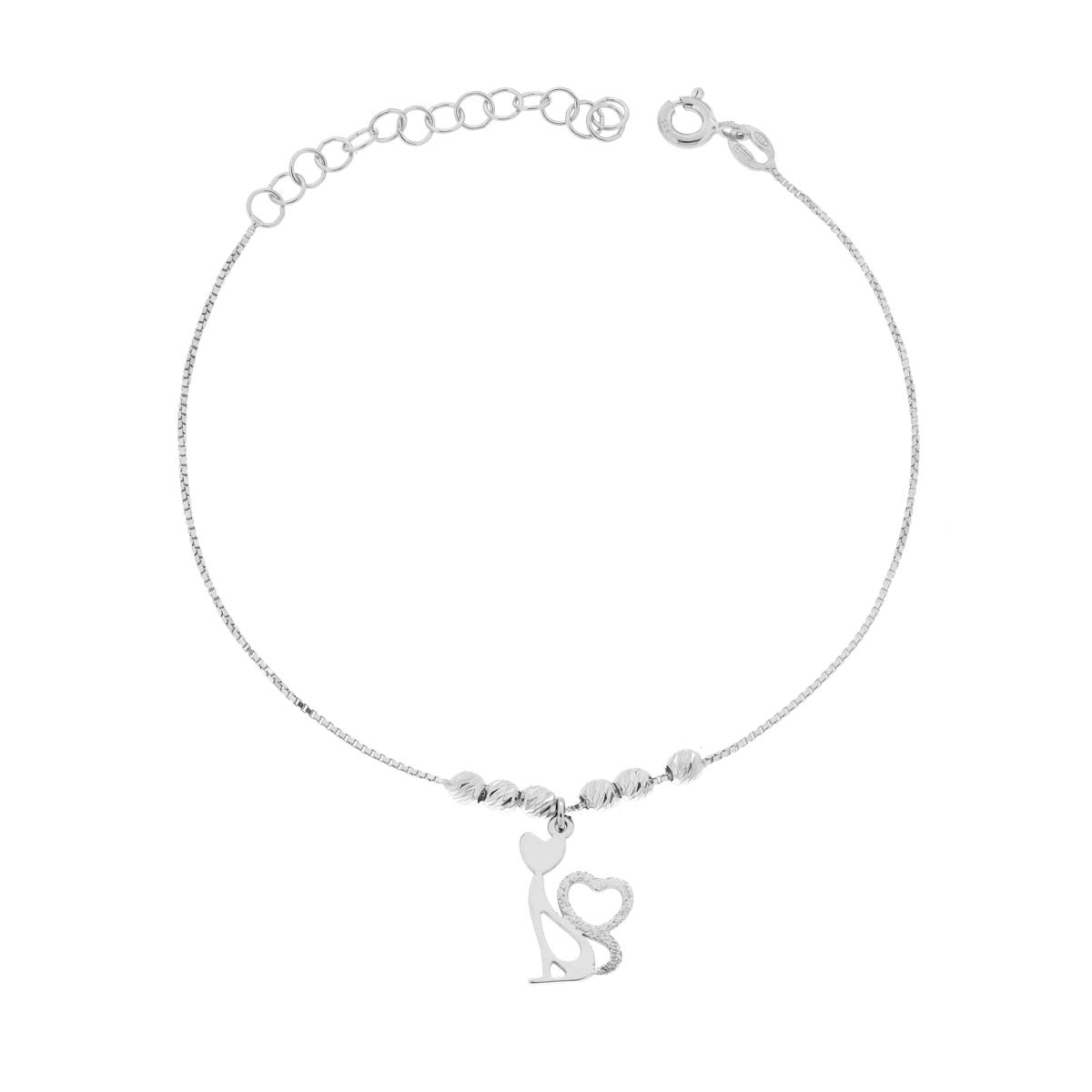 Bracciale Catena Veneziana e Palline Diamantate con Gatto e Cuore in ARGENTO 925 Galvanica Rodio
