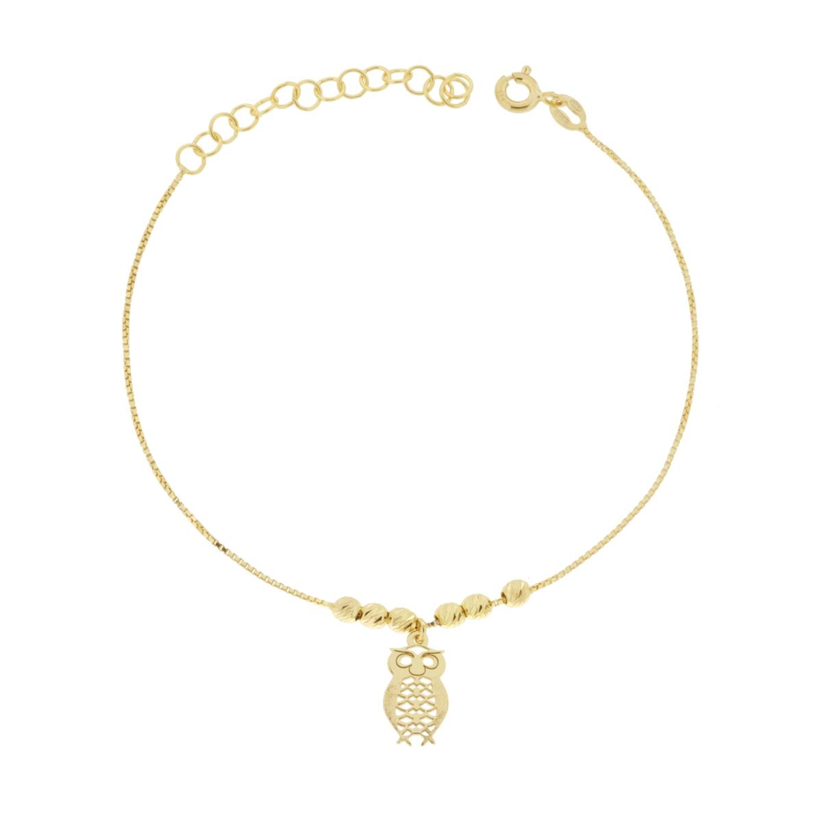 Bracciale Catena Veneziana e Palline Diamantate con Gufo in ARGENTO 925 Galvanica Oro