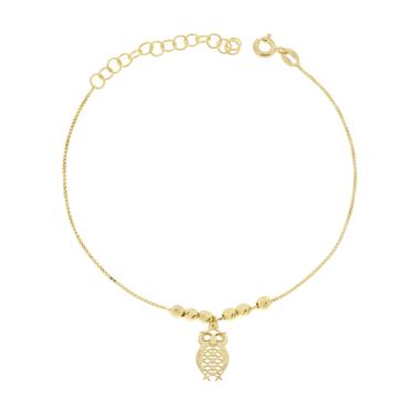 Bracciale Catena Veneziana e Palline Diamantate con Gufo in ARGENTO 925 Galvanica Oro