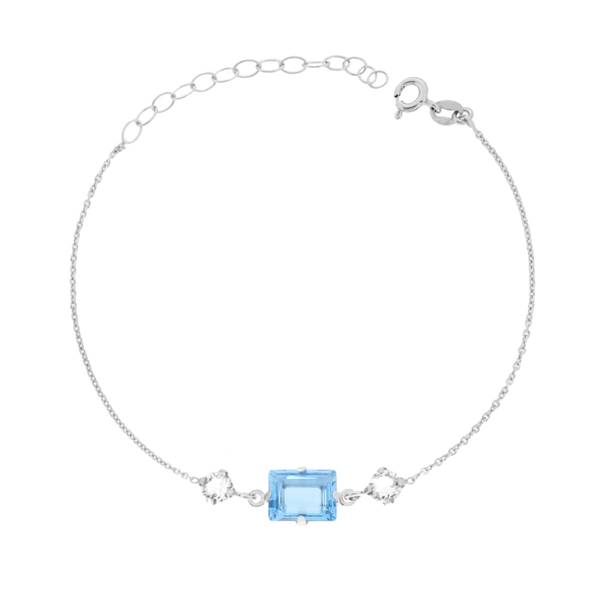Bracciale Catena Forzatina Diamantata con Punti Luce Tondo e Baguette Crystal Bianco e Acquamarina in ARGENTO 925 Galvanica Rodio