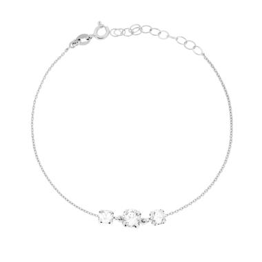 Bracciale Catena Forzatina Diamantata con Trilogy Punti Luce Tondo Crystal Bianco in ARGENTO 925 Galvanica Rodio