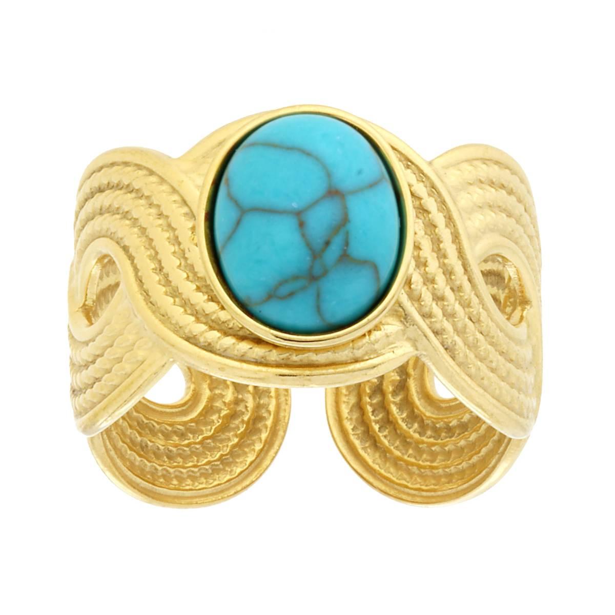 Anello Fascia Treccia Antica con Pietra Ovale colore Turchese in ACCIAIO colore Oro