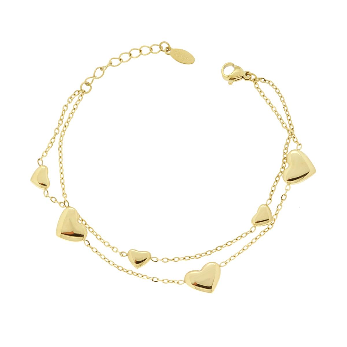 Bracciale due fili Catena Forzatina con Cuori bombati in ACCIAIO colore Oro