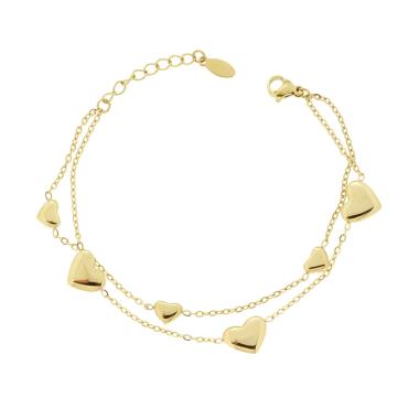 Bracciale due fili Catena Forzatina con Cuori bombati in ACCIAIO colore Oro