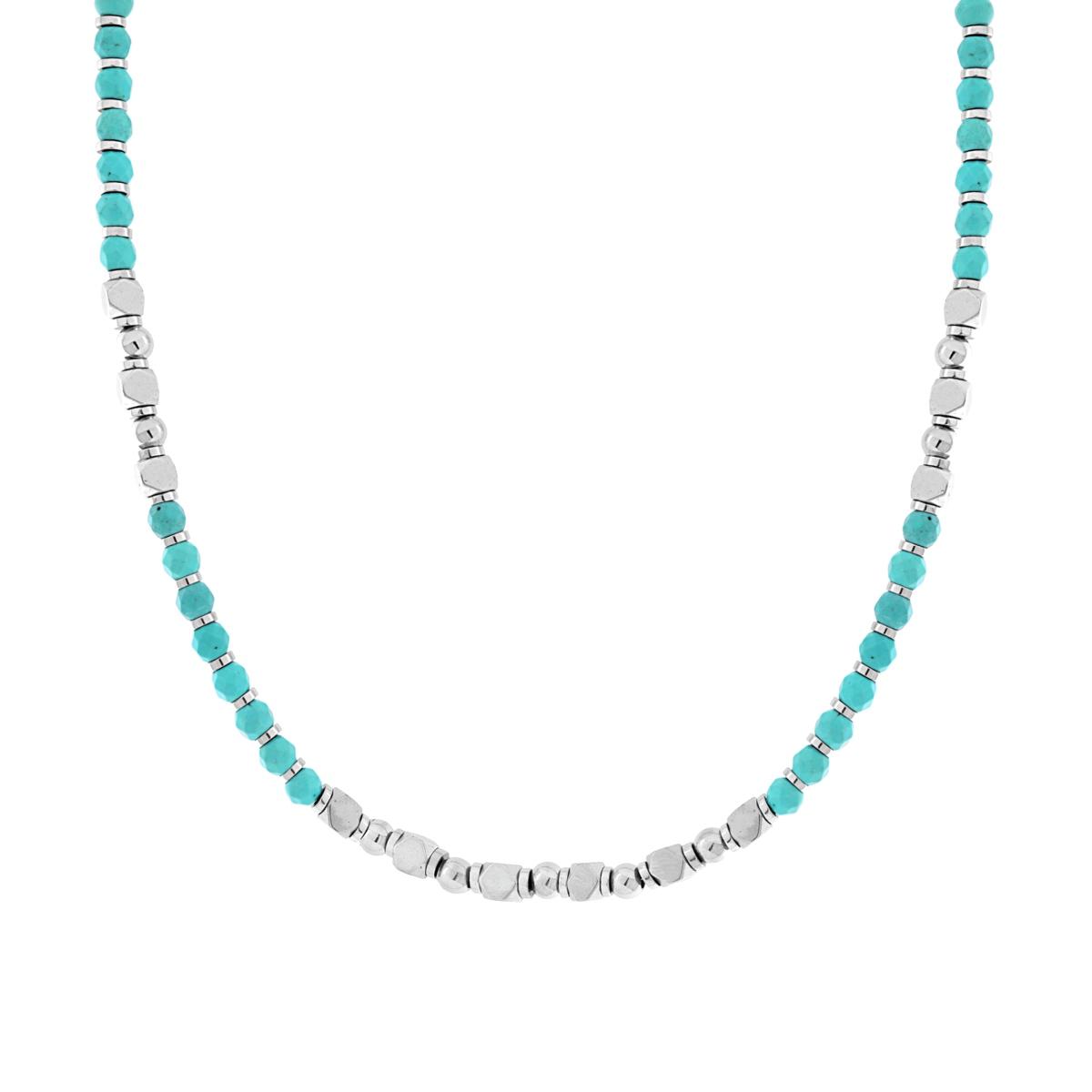 Collana Catena con Palline Sfaccettate Pietra Turchese e Cubetti in ACCIAIO