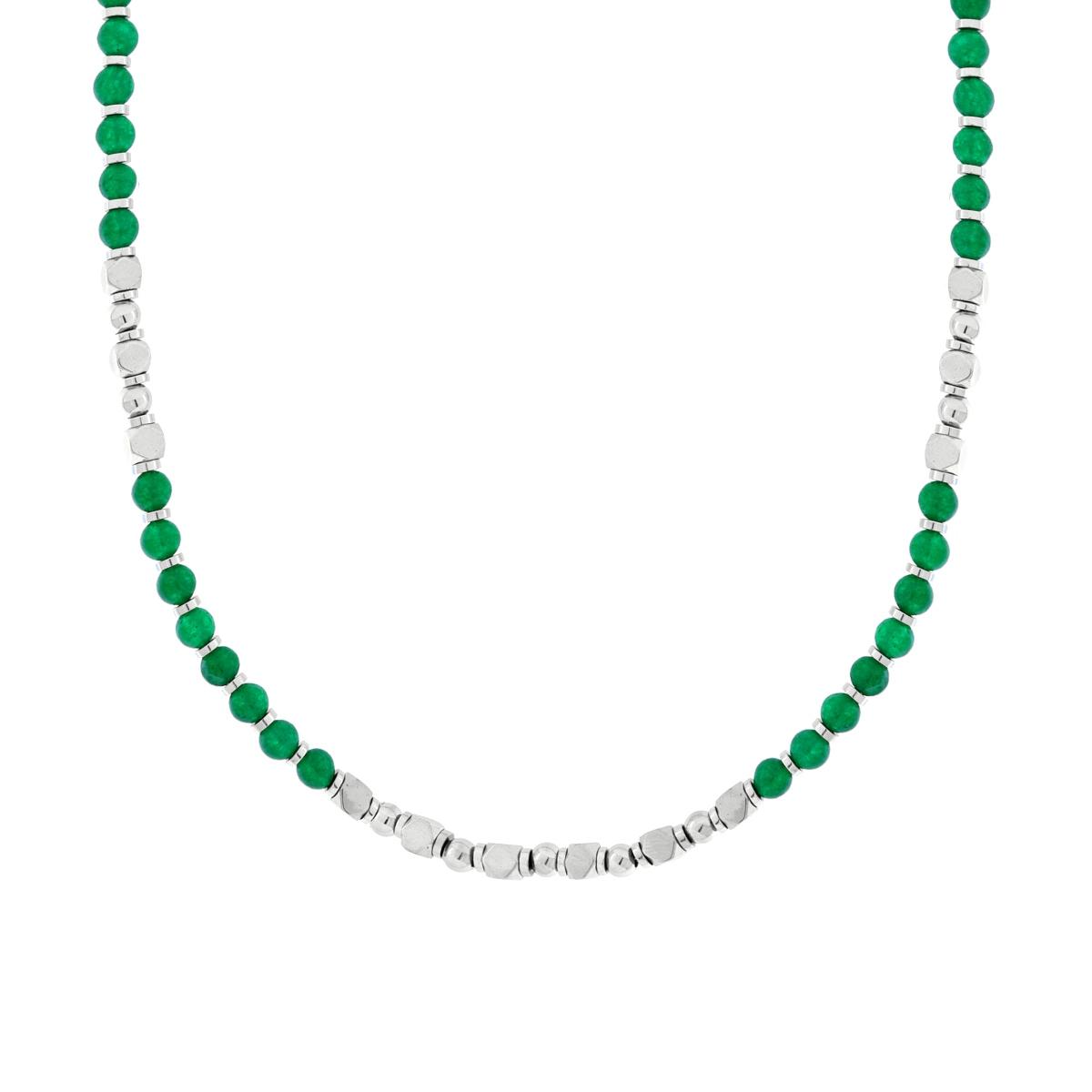 Collana Catena con Palline Pietra Verde Giada e Cubetti in ACCIAIO
