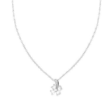 Collana Catena Forzatina Diamantata con Punto Luce Quadrifoglio e Crystal Bianco in ACCIAIO e OTTONE