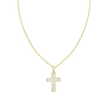 Collana Catena Forzatina Diamantata con Croce e Crystal Bianco in ACCIAIO e OTTONE colore Oro