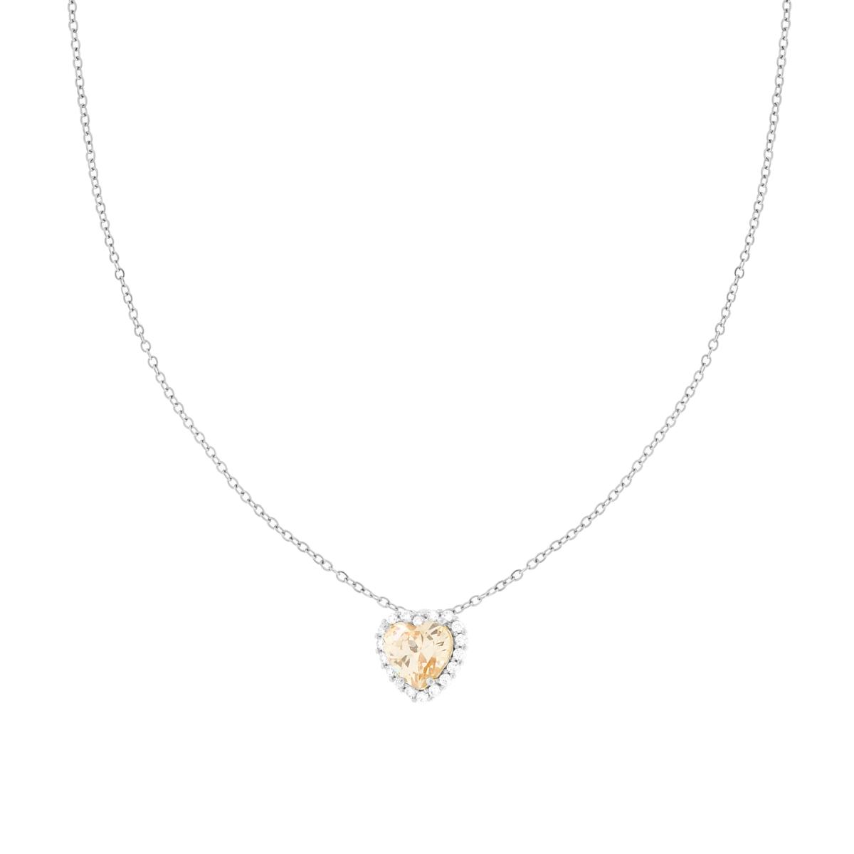 Collana Catena Forzatina Diamantata con Cuore Champagne contornato da Crystal Bianchi in ACCIAIO e OTTONE