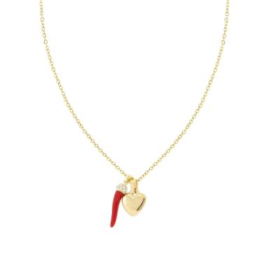 Collana Catena Forzatina Diamantata con Cuore Bombato e Corno Rosso Cubic Zirconia Bianchi in ACCIAIO e OTTONE colore Oro