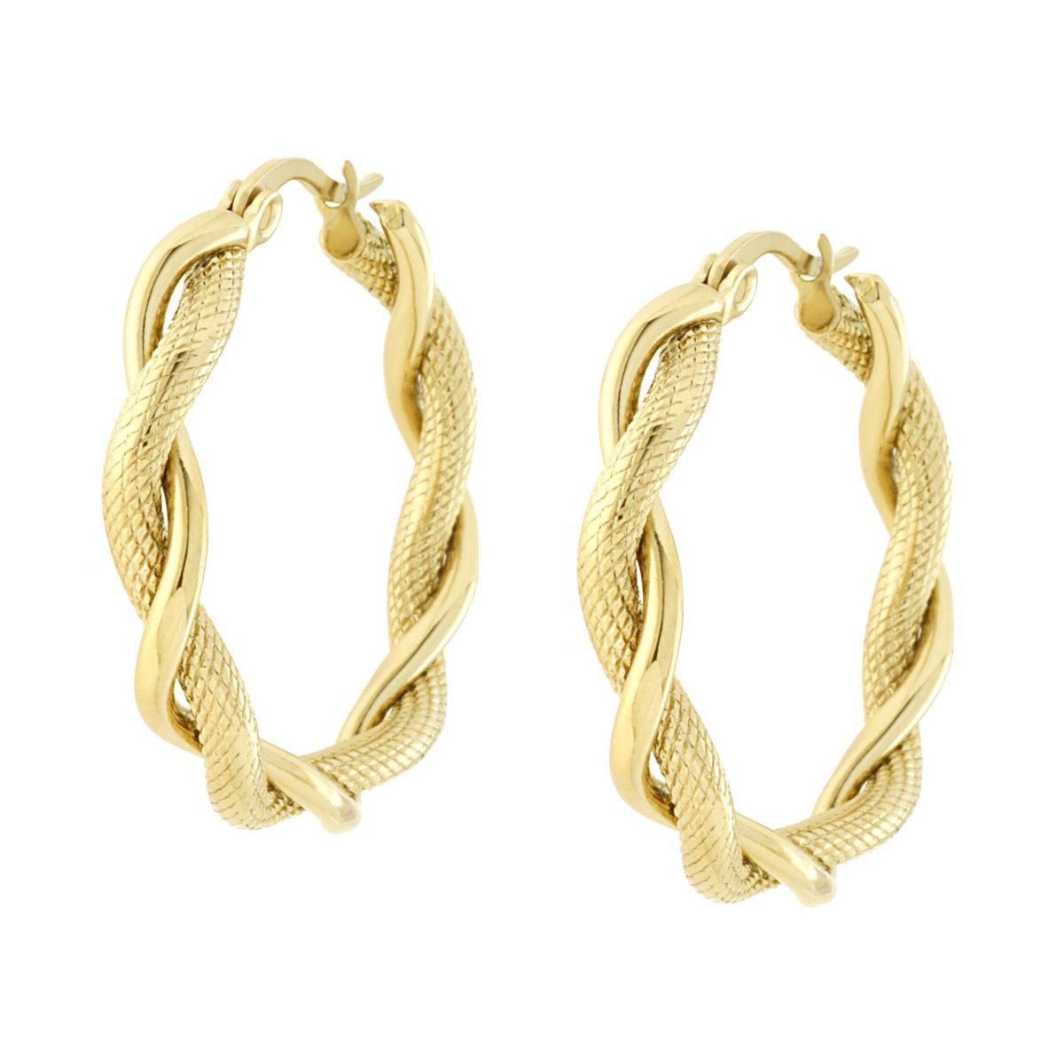 Orecchini Cerchio doppia Canna Intrecciata Godronata in ACCIAIO colore Oro