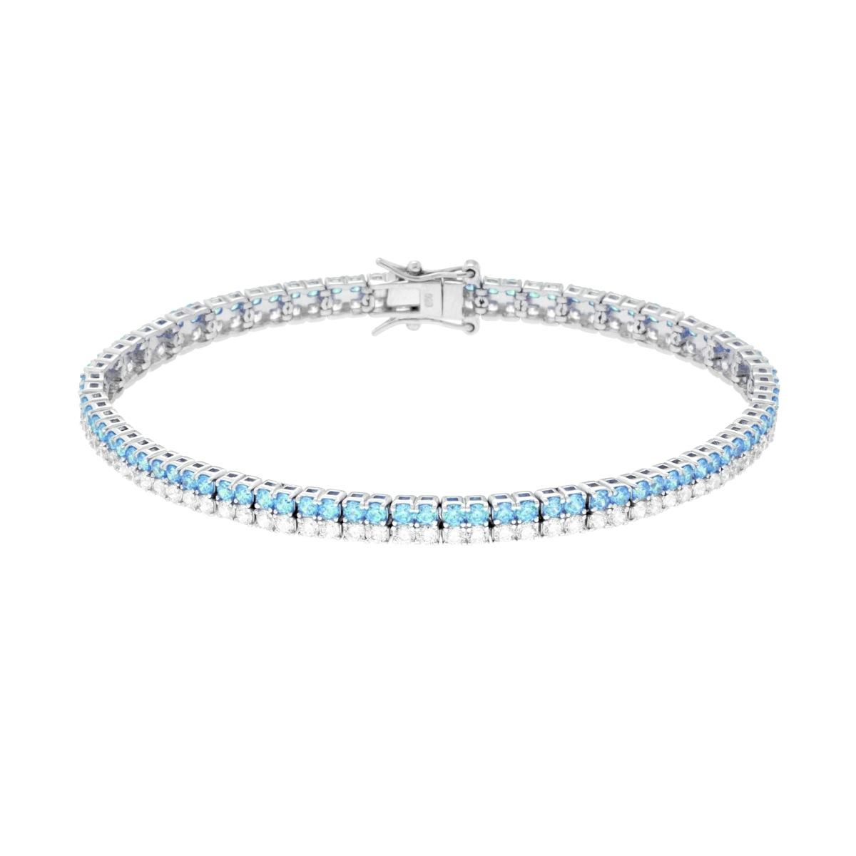 Bracciale Tennis Griffe cm 18 due fili Zirconi mm 2 Acquamarina e Bianco in ARGENTO Galvanica Rodio