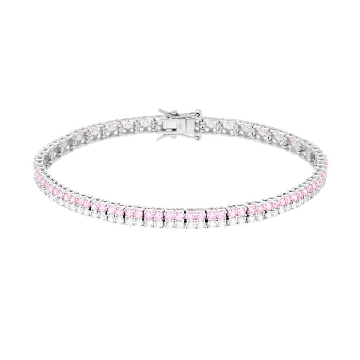 Bracciale Tennis Griffe cm 18 due fili Zirconi mm 2 Rosa e Bianco in ARGENTO Galvanica Rodio