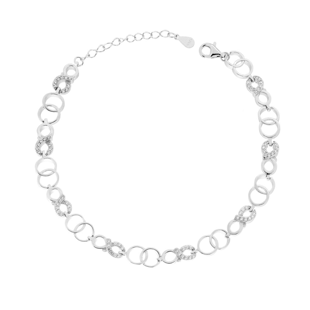 Bracciale con Cerchi incrociati e Infinito con Cubic Zirconia Bianchi in ARGENTO Galvanica Rodio
