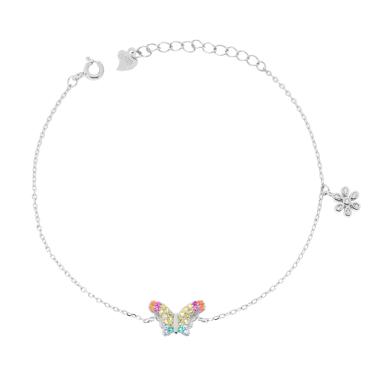 Bracciale Catena Forzatina Diamantata con Fiore e Farfalla con Cubic Zirconia Multicolor in ARGENTO Galvanica Rodio