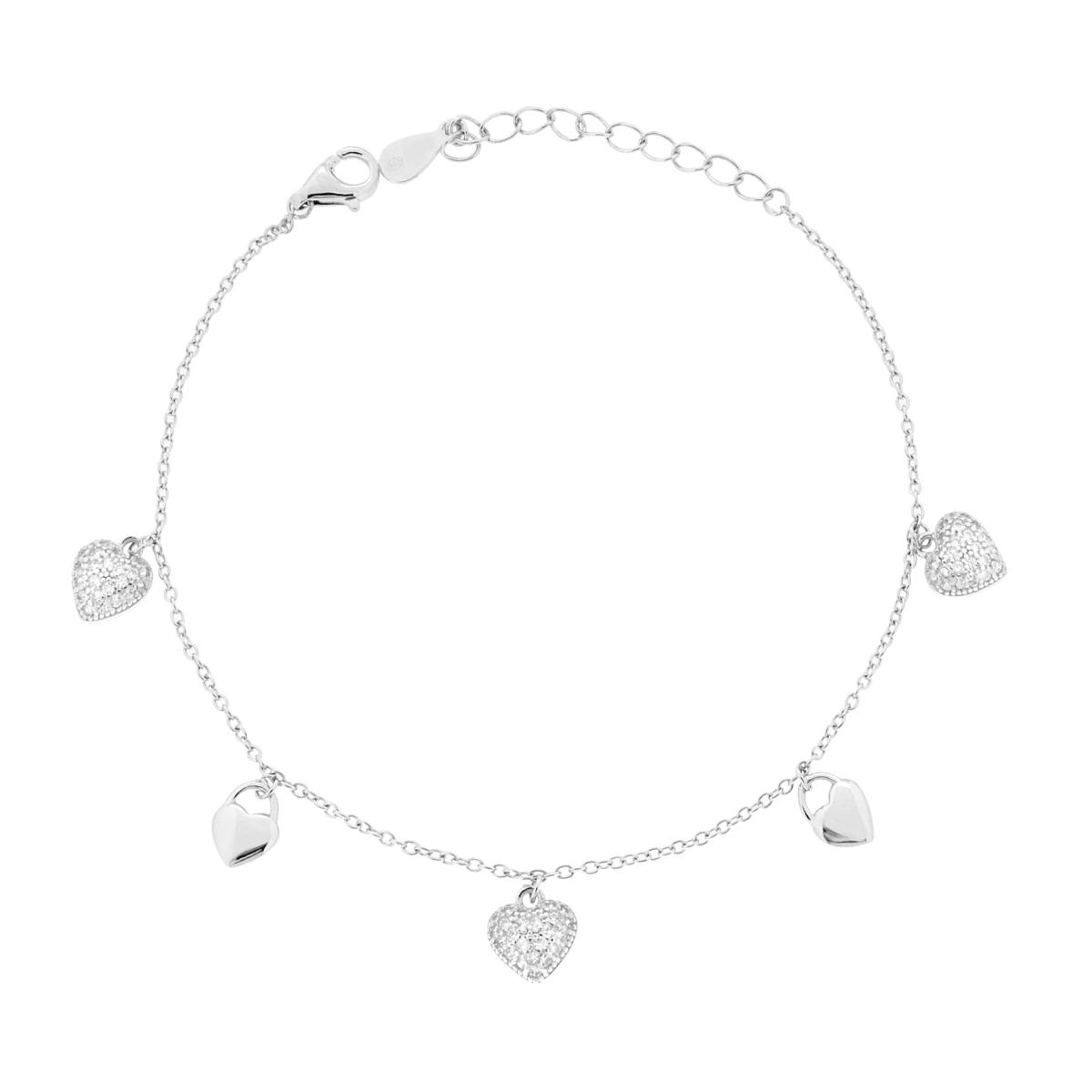 Bracciale Catena Forzatina Diamantata Cuori e Cubic Zirconia Bianchi in ARGENTO Galvanica Rodio