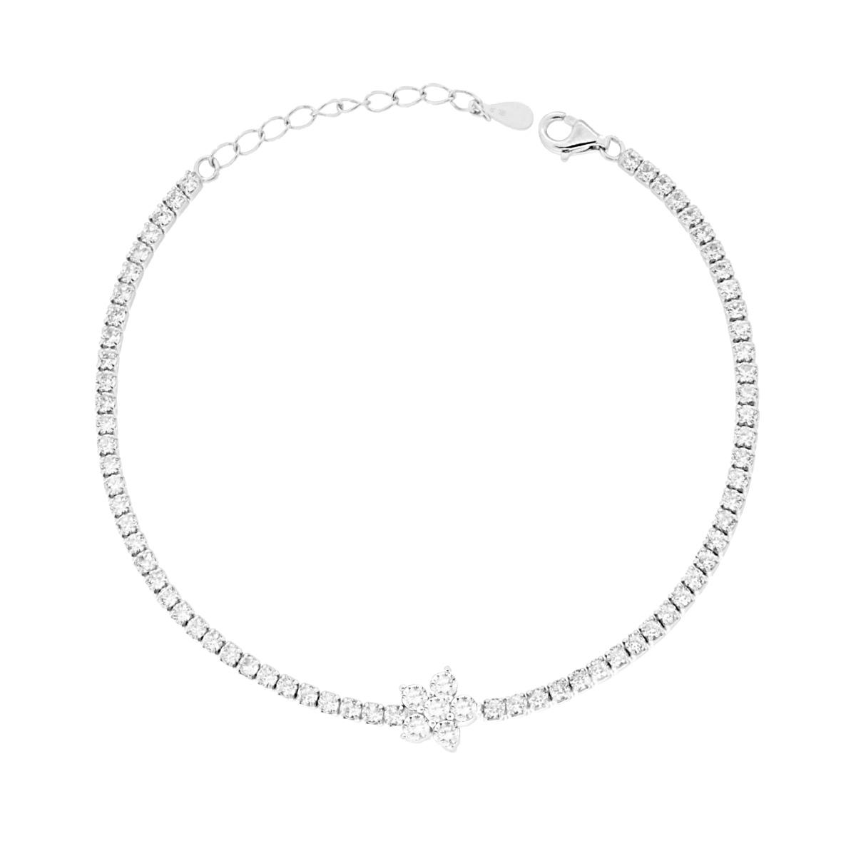 Bracciale Tennis Griffe con Fiore e Cubic Zirconia Bianchi in ARGENTO Galvanica Rodio