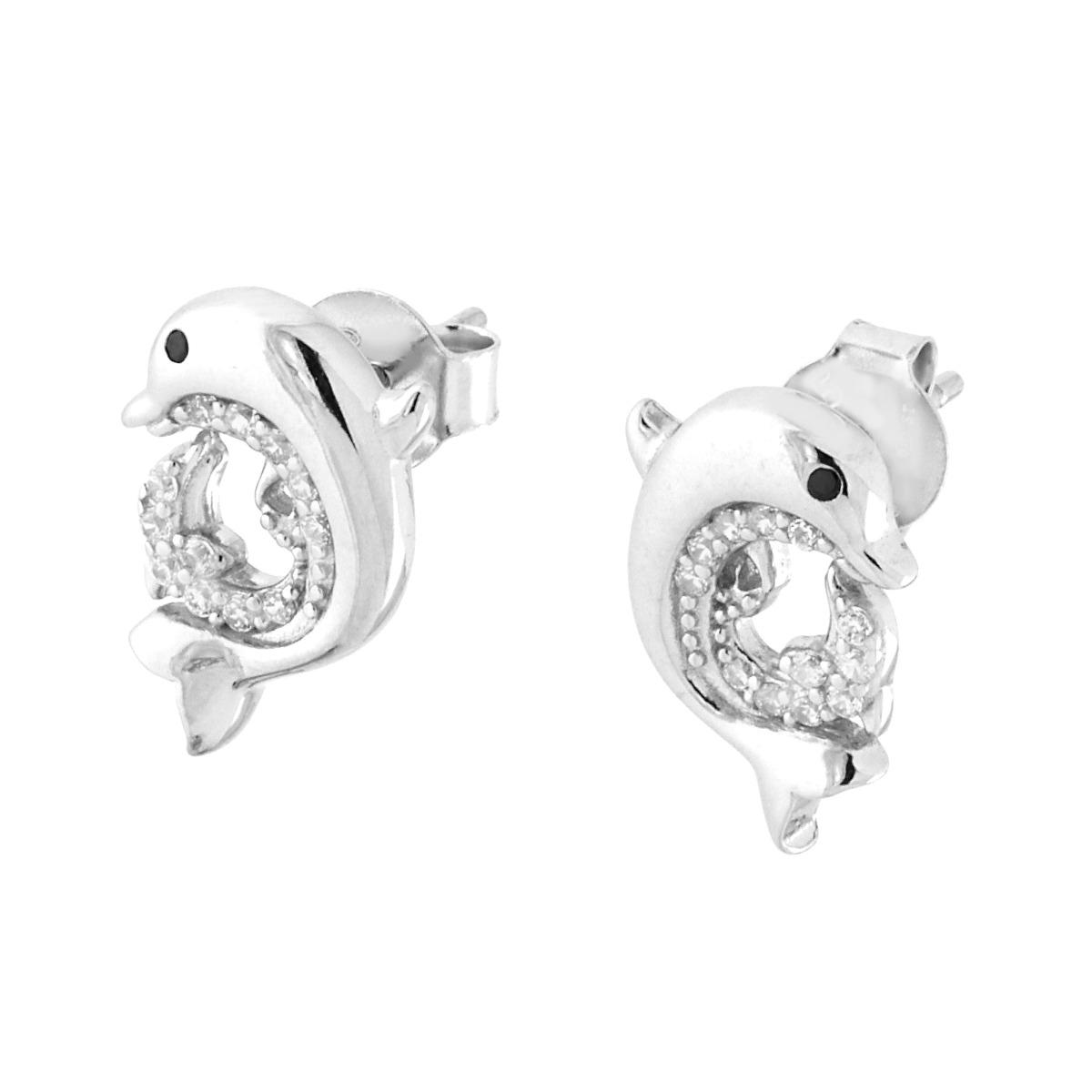 Orecchini Delfino con Cubic Zirconia Bianchi in ARGENTO 925 Galvanica Rodio