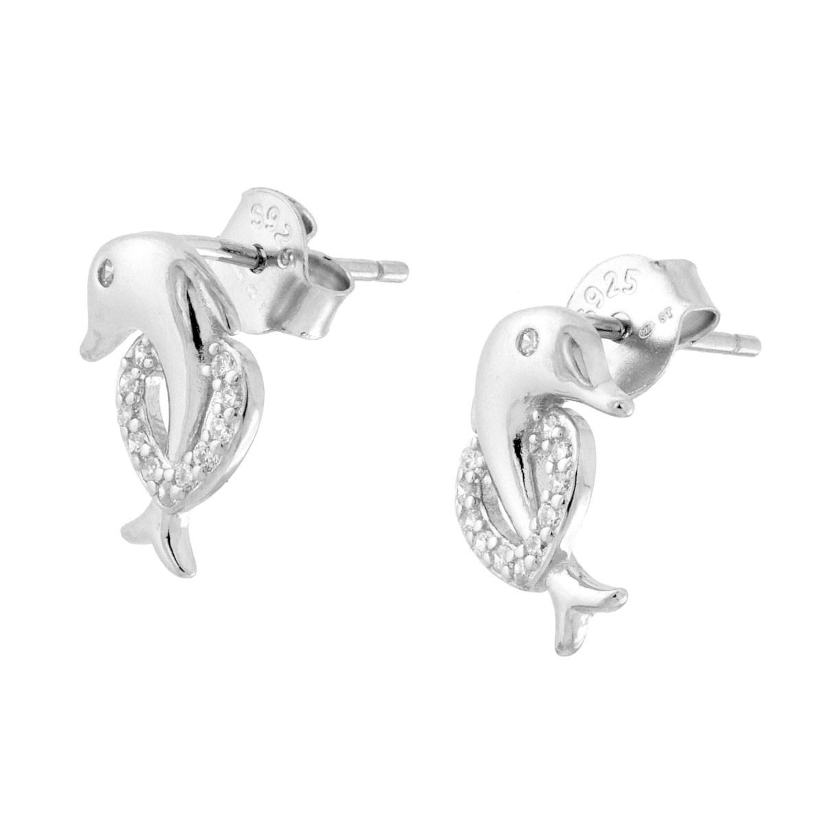 Orecchini Delfino e Cuore con Cubic Zirconia Bianchi in ARGENTO 925 Galvanica Rodio