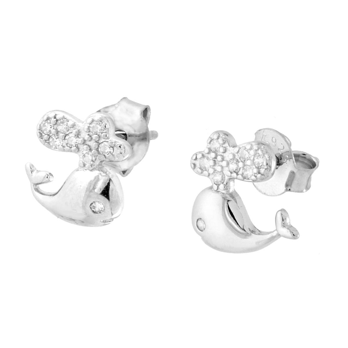 Orecchini Balena con Cubic Zirconia Bianchi in ARGENTO 925 Galvanica Rodio