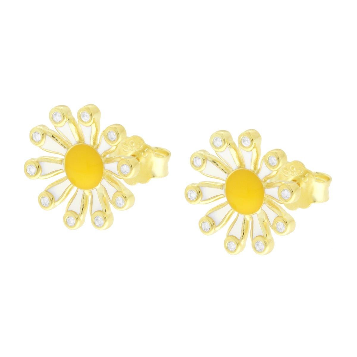 Orecchini Fiore con Cubic Zirconia Bianchi e Smalto Giallo e Bianco in ARGENTO 925 Galvanica Oro