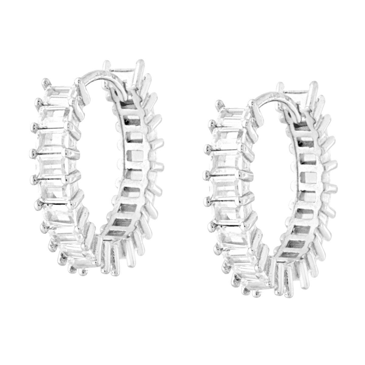 Orecchini Cerchio a Scattino mm 21 con Baguette Cubic Zirconia Bianchi in ARGENTO 925 Galvanica Rodio