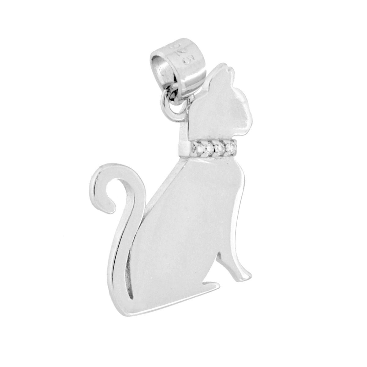 Ciondolo Gatto con Cubic Zirconia Bianchi in ARGENTO 925 Galvanica Rodio