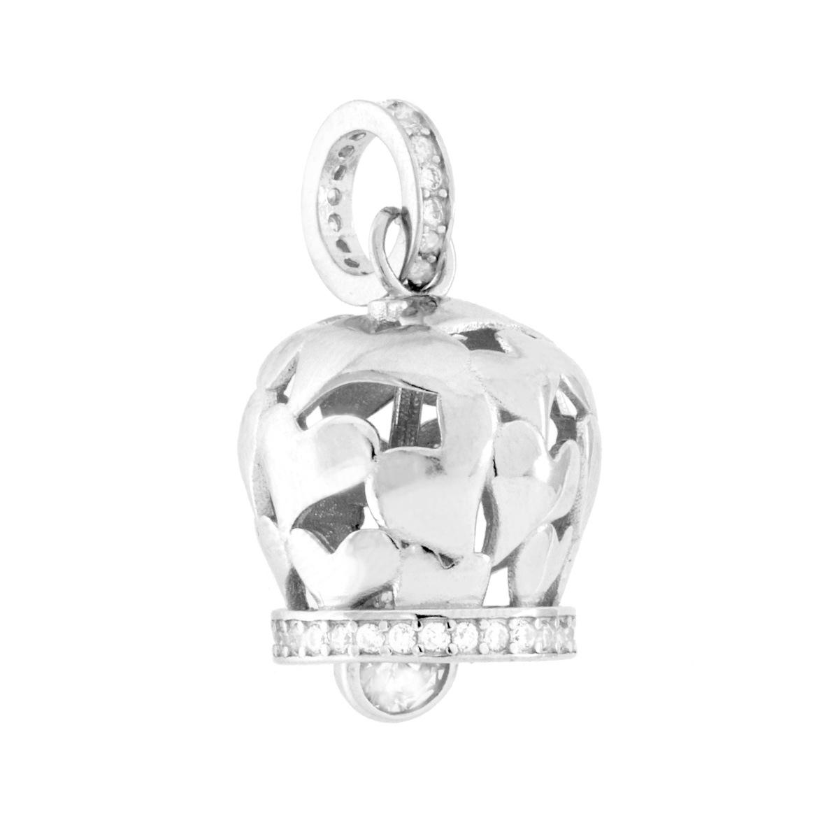 Ciondolo Chiama Angeli Campana con Cuori e Cubic Zirconia Bianchi in ARGENTO 925 Galvanica Rodio